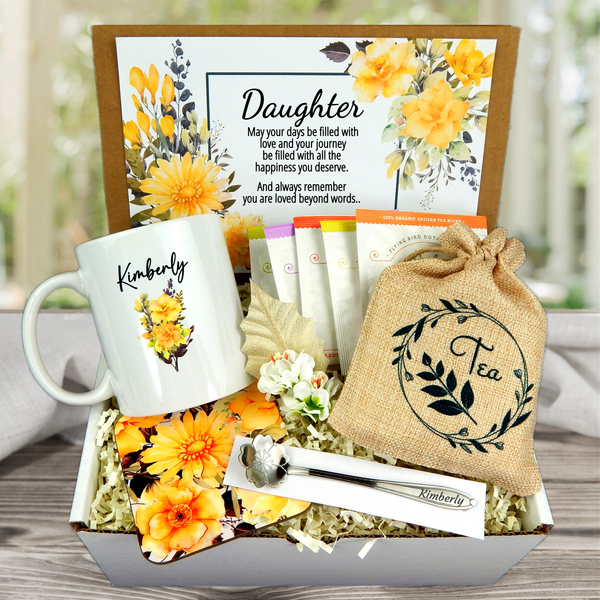 yellow flower themed  daughter birthday present with personalized mug