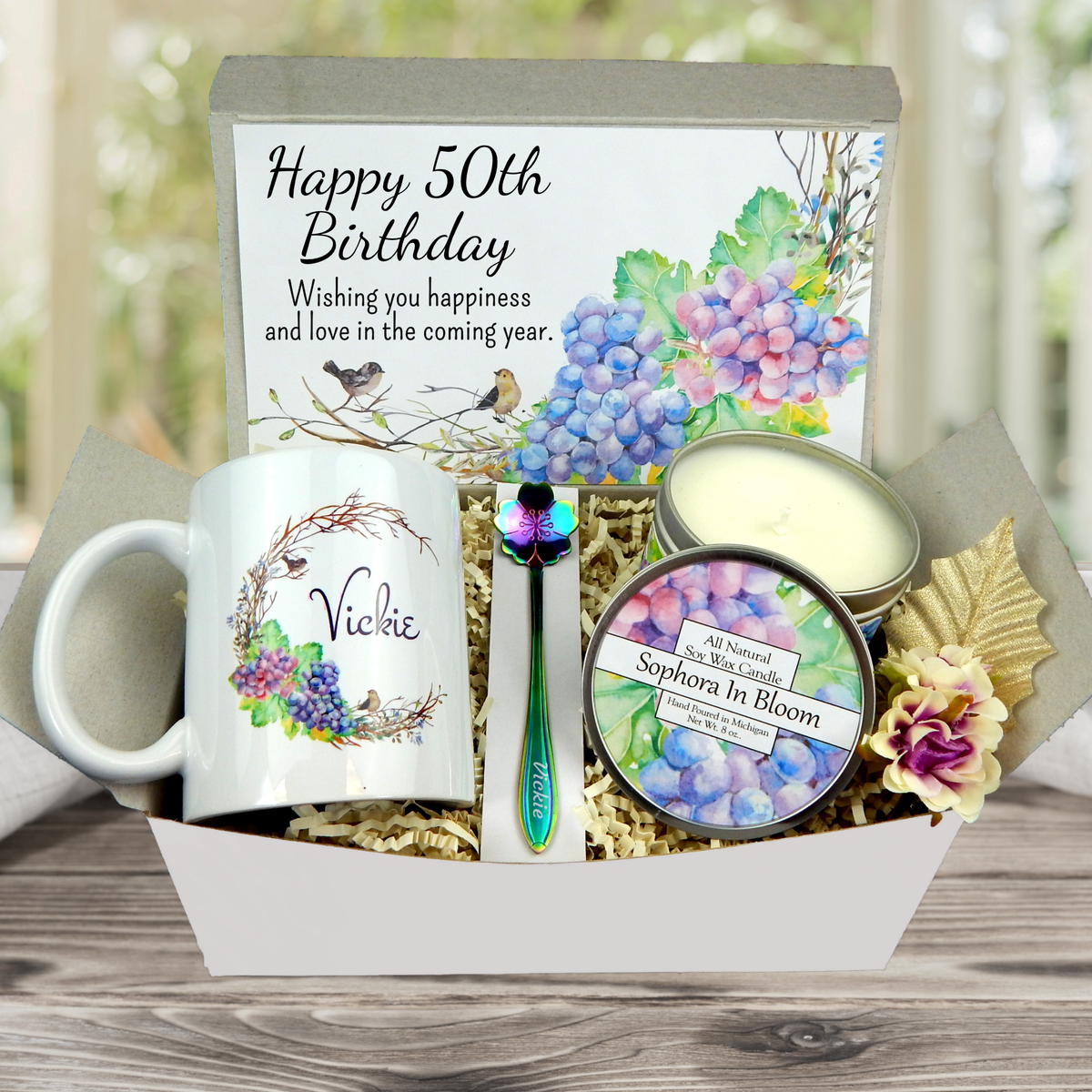 50th Birthday Gift Box for Women with Personalized Mug  Blue Stone River