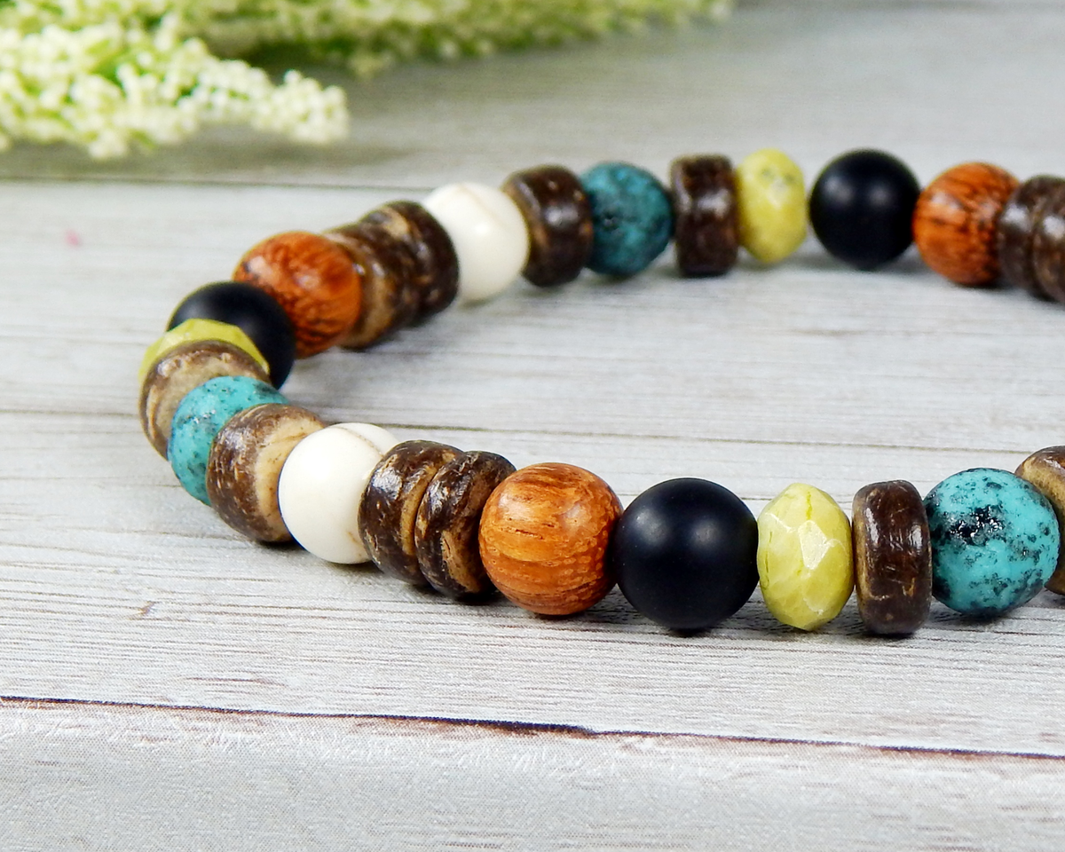 Mens Beaded Bracelet with Earthy Colors Boho Wood Bracelets for