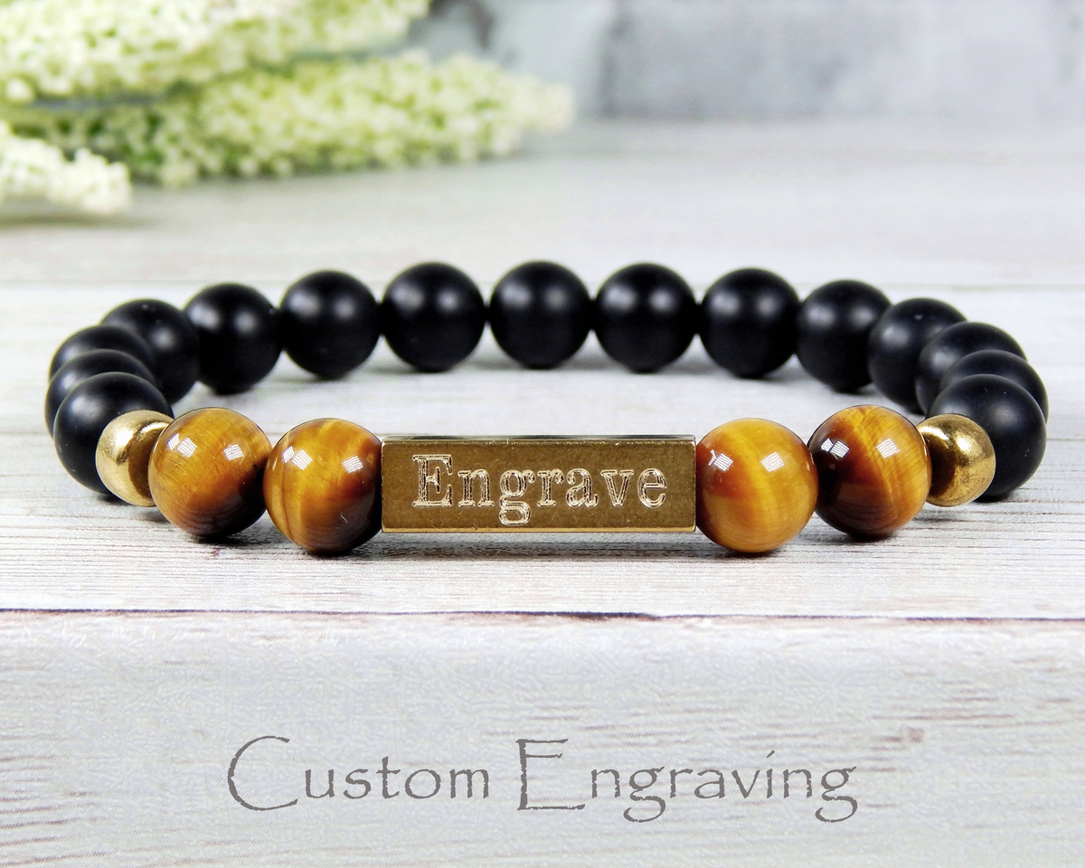 Mens Engraved Bracelet with Black Onyx and Tiger Eye Gemstones