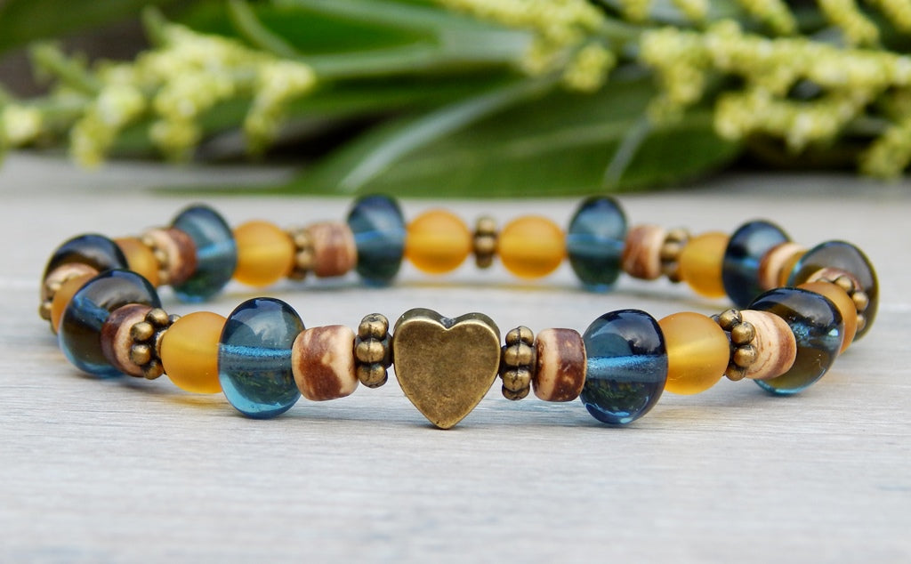 Blue and Yellow Glass Beaded Bracelet Stone River Jewelry Blue