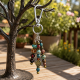 Colorful beaded bag charm hanging on a tree-shaped stand outdoors.
