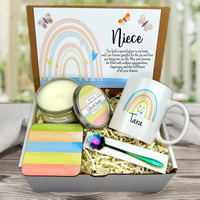 custom gift for niece with personalized mug in a boho rainbow theme