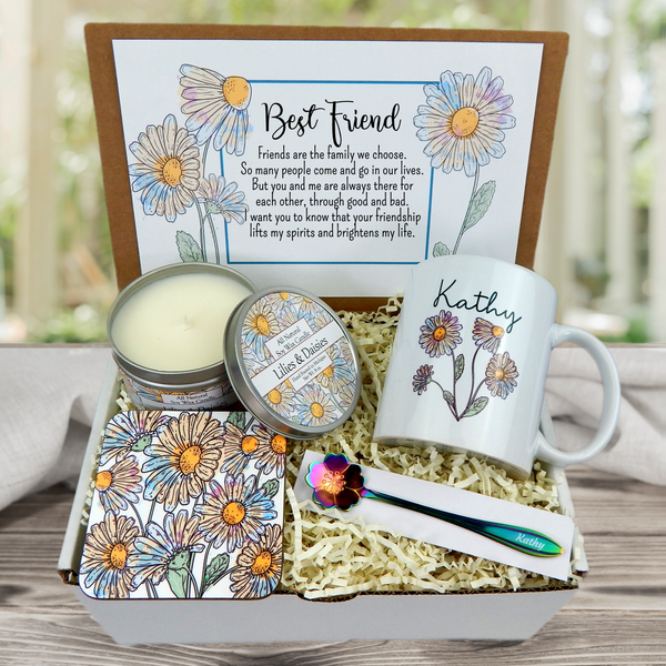 daisy themed best friend gift basket for women with custom mug candle and spoon
