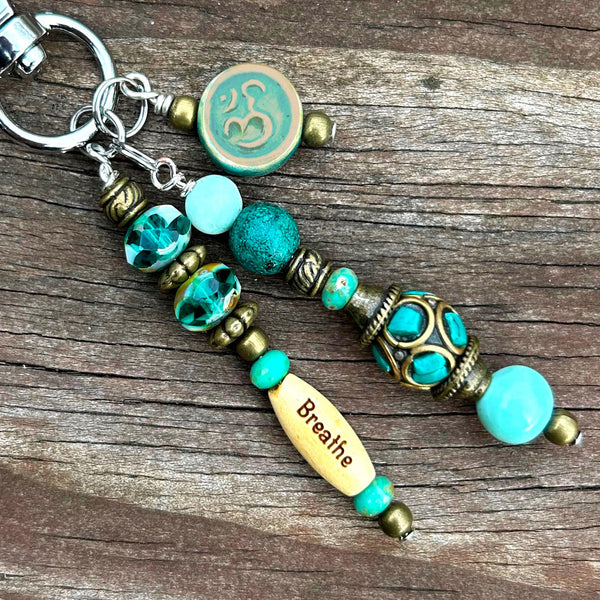 Yoga Purse Charm: Handmade Artisan Aum, Namaste, Gemstone Beads