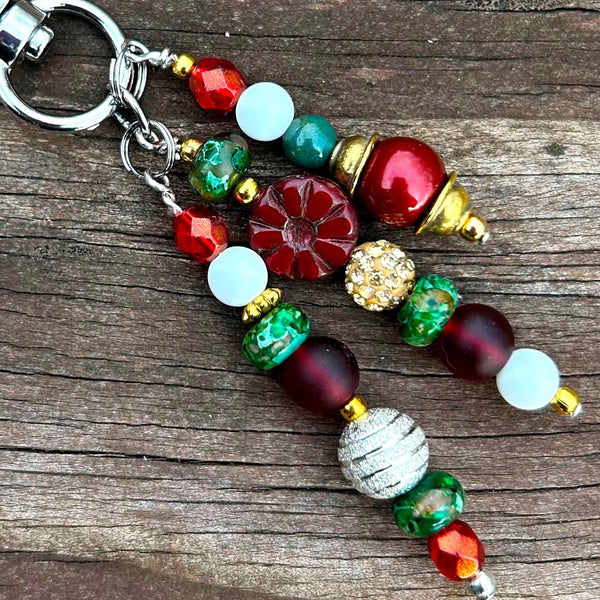 Handmade Christmas Purse Charm: Czech Glass Beads, Holiday Accessory