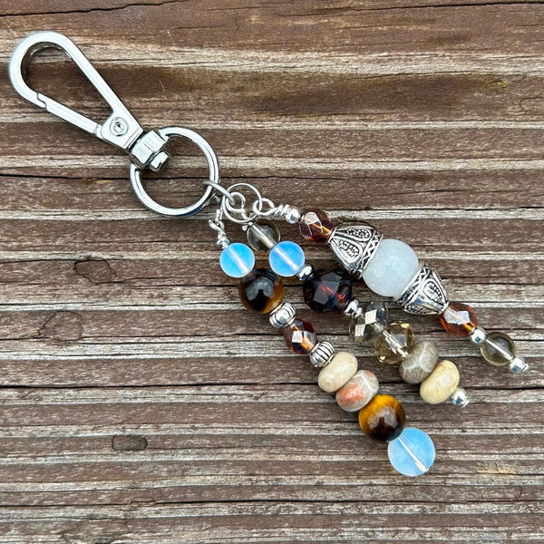 Tiger Eye & Opalite Gemstone Purse Charm: Beaded Bag Accessory