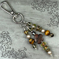 Purse Charm with Wooden Flower - Charm to Clip on Purse - Charm to Attach to Bag - Beaded Purse Accessories - Handmade Bag Charms