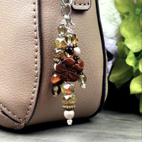 Purse Charm with Wooden Flower - Charm to Clip on Purse - Charm to Attach to Bag - Beaded Purse Accessories - Handmade Bag Charms