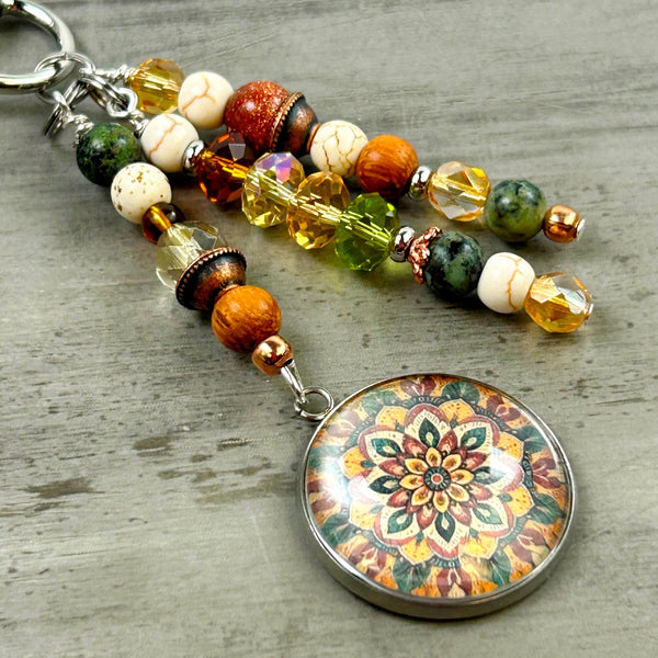 Earthy Purse Charm with Boho Mandala Charm - Purse Accessories - Bohemian Bag Charms - Purse Pendants, Nature Lover Gift