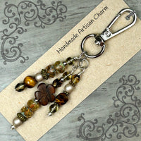 Purse Charm with Wooden Flower - Charm to Clip on Purse - Charm to Attach to Bag - Beaded Purse Accessories - Handmade Bag Charms