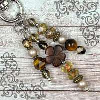 Purse Charm with Wooden Flower - Charm to Clip on Purse - Charm to Attach to Bag - Beaded Purse Accessories - Handmade Bag Charms