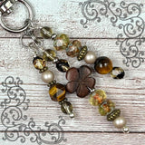 Purse Charm with Wooden Flower - Charm to Clip on Purse - Charm to Attach to Bag - Beaded Purse Accessories - Handmade Bag Charms