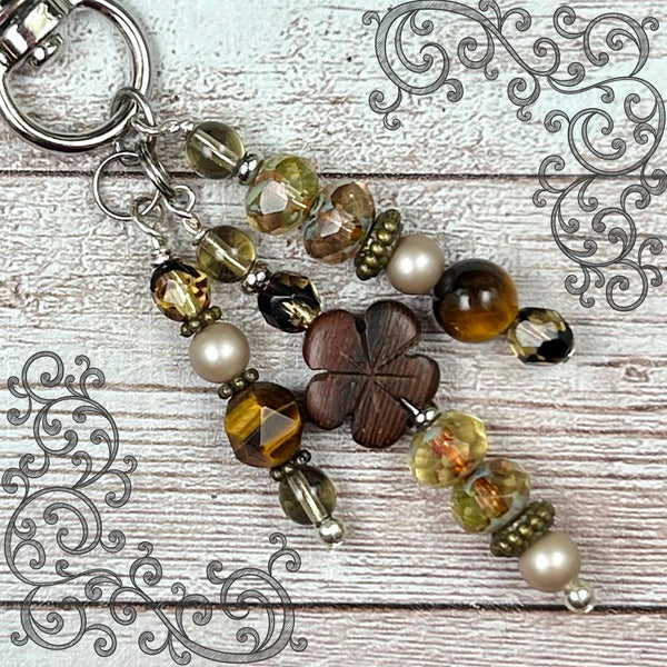 Purse Charm with Wooden Flower - Charm to Clip on Purse - Charm to Attach to Bag - Beaded Purse Accessories - Handmade Bag Charms