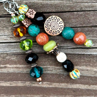 Beaded Purse Charm: Boho Turquoise Goldstone with Sun Gemstone & Czech Glass Bag Accessory