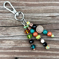 Beaded Purse Charm: Boho Turquoise Goldstone with Sun Gemstone & Czech Glass Bag Accessory