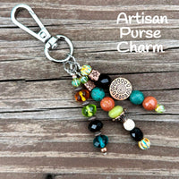 Beaded Purse Charm: Boho Turquoise Goldstone with Sun Gemstone & Czech Glass Bag Accessory