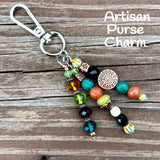 Beaded Purse Charm: Boho Turquoise Goldstone with Sun Gemstone & Czech Glass Bag Accessory