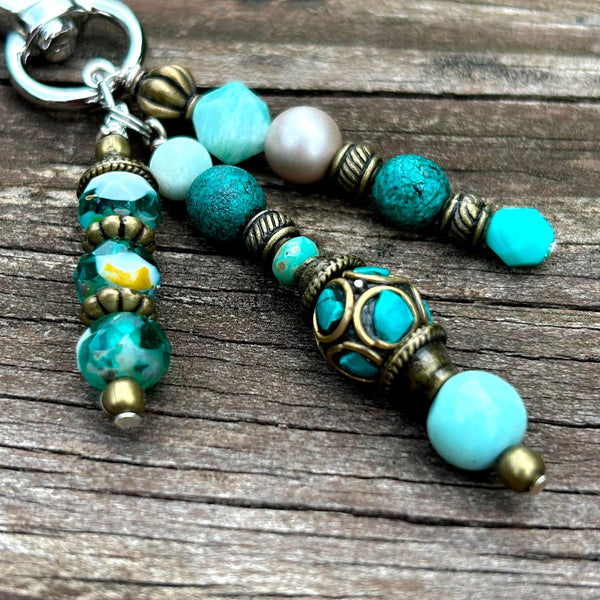 Amazonite Beaded Purse Charm: Boho Bag, Backpack, Keychain Pendant
