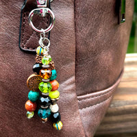 Beaded Purse Charm: Boho Turquoise Goldstone with Sun Gemstone & Czech Glass Bag Accessory