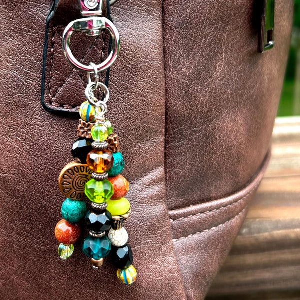 Beaded Purse Charm: Boho Turquoise Goldstone with Sun Gemstone & Czech Glass Bag Accessory