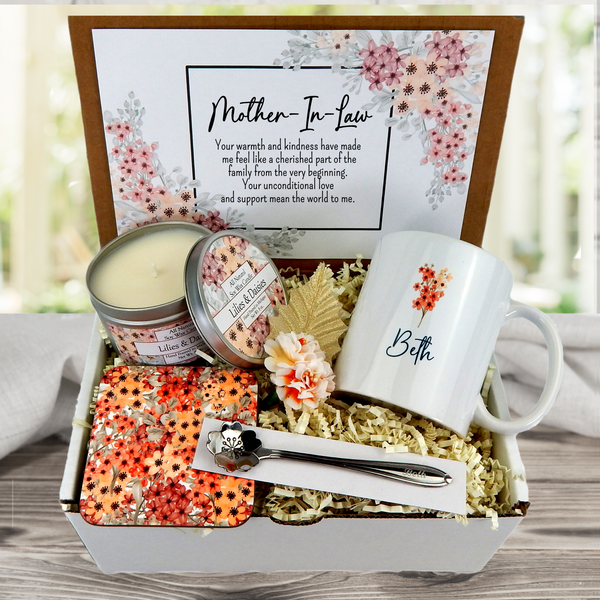Personalized Mug and Candle Gift Basket for Mother-in-Law in a Blush Color