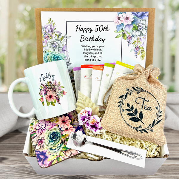 50th birthday present for women with tea and personalized mug with purple flowers