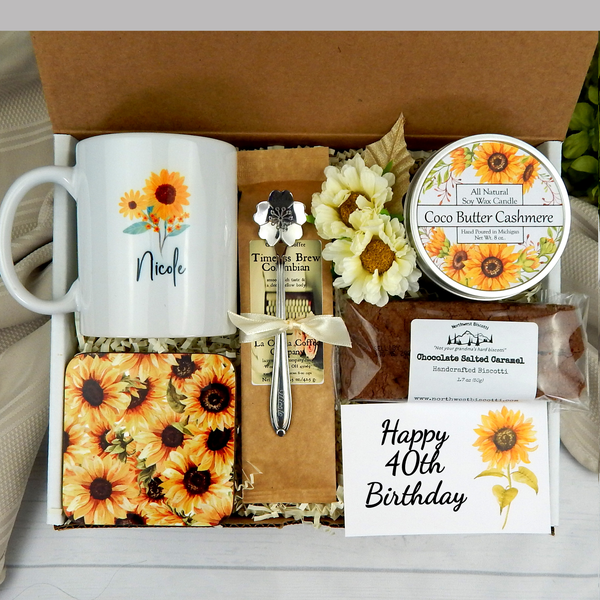 sunflower themed gift basket for 40th birthday personalized mug biscotti coffee candle