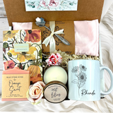 Birth Flower Mug Birthday Gift Basket for Women with Spa Kit
