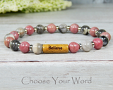 rhodonite pink beaded gemstone word bracelet
