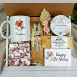 Birthday gift basket for women with a personalized mug and coffee set