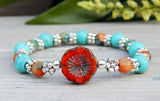 Blue and Orange Beaded Hippie Bracelet with Flower Focal Bead
