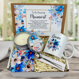 blue flower themed pharmacist gift basket with mug
