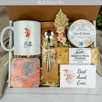 Aunt's Coffee Bliss: Women's gift basket with personalized mug, coffee, treats, engraved spoon, and candle.