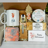Embracing retirement: Women's encouragement gift basket with personalized mug, coffee, and delicious goodies.