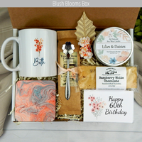 Celebrating 60 years: Women's birthday gift basket with personalized mug, coffee, and treats.