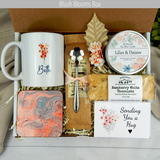 Hug in a basket: Women's encouragement gift basket with personalized mug, coffee, and delicious goodies.