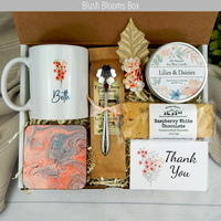 Thank you gift with peach flower mug, coffee, biscotti and candle.