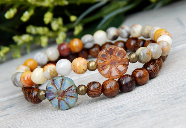 beaded boho agate gemstone and wood bracelets