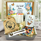 butterfly themed get well soon care package with and custom mug
