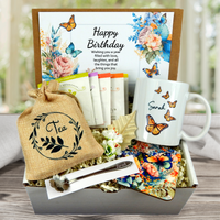 butterfly themed birthday gift basket with tea and personalized mug