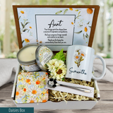 Any Occasion Celebration: Aunt's Gift Basket with Personalized Mug, Engraved Spoon, and Candle with daisy theme