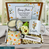daisy mug for bonus mom in a gift box with engraved spoon, coaster and candle