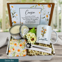 daisy themed Thinking of You, Cousin, Always: Personalized Gift Basket with Flower Print Mug