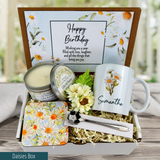 daisy themed birthday gift box personalized with her name on a mug and spoon