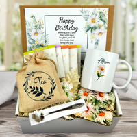 daisy themed birthday gift basket with tea and personalized mug