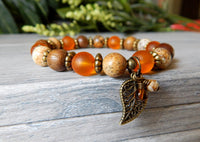 Autumn Bracelet with a Leaf Charm and Natural  Beads
