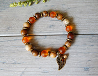 Autumn Bracelet with a Leaf Charm and Natural  Beads