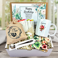 floral themed birthday gift basket with tea and personalized mug