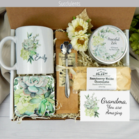 Heartwarming care package for Grandma: Personalized name mug, candle, engraved spoon, biscotti, and coffee with succulent design
